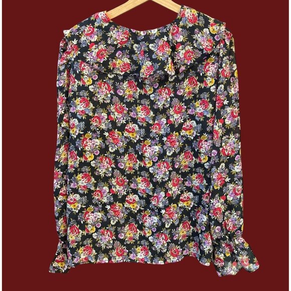 Vintage Notations Floral Ruffle Neck Blouse Black Cottagecore Romantic Boho 90s - Picture 4 of 6